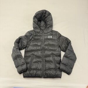 Under Armour Girls Insulated Hooded Puffer Jacket Size YSM 8 Black Sparkly Logo